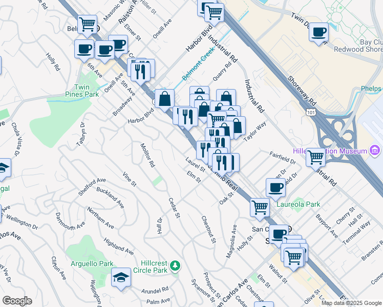 map of restaurants, bars, coffee shops, grocery stores, and more near 11 El Camino Real in San Carlos
