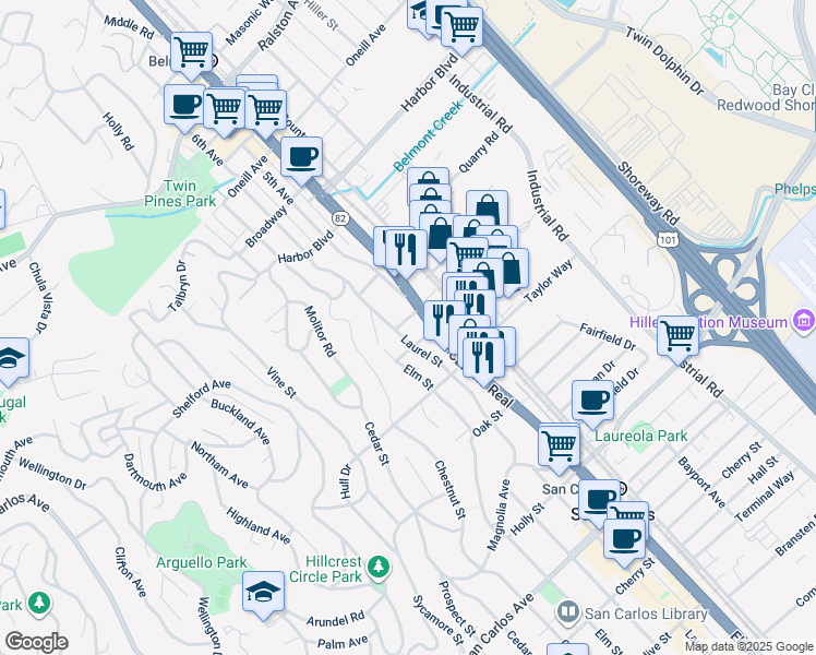 map of restaurants, bars, coffee shops, grocery stores, and more near 11 El Camino Real in San Carlos