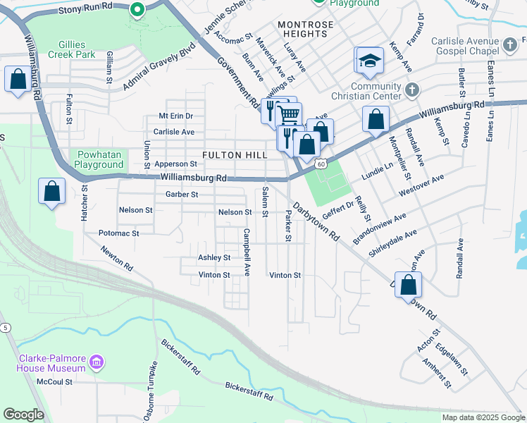 map of restaurants, bars, coffee shops, grocery stores, and more near 5109 Salem Street in Richmond