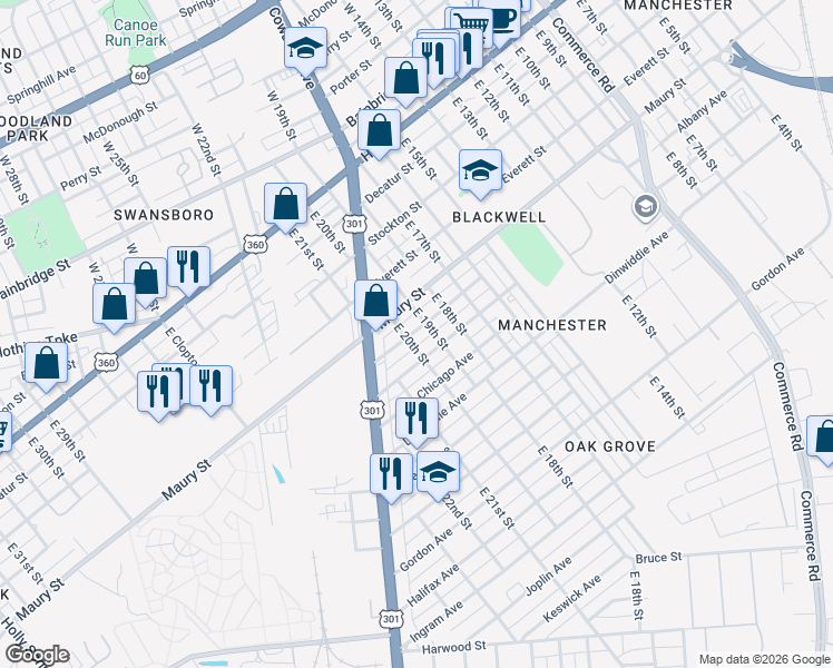 map of restaurants, bars, coffee shops, grocery stores, and more near 1908 Maury Street in Richmond