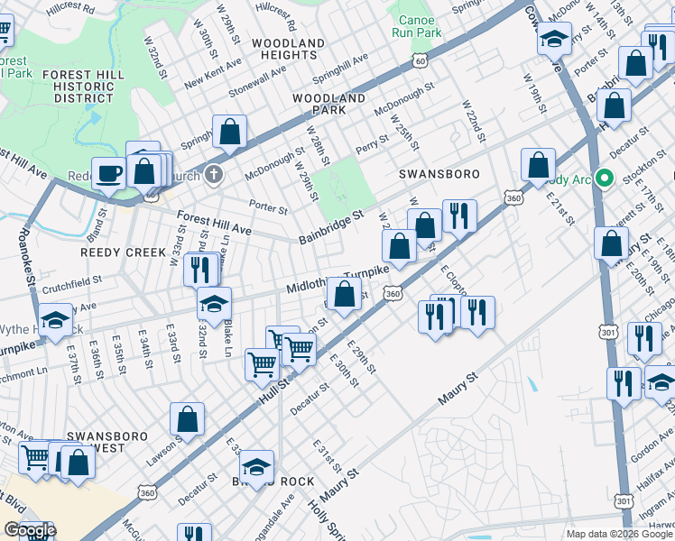 map of restaurants, bars, coffee shops, grocery stores, and more near 9 West 28th Street in Richmond