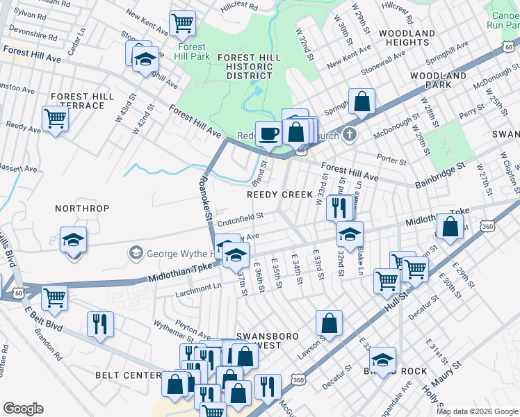 map of restaurants, bars, coffee shops, grocery stores, and more near 213 Bland Street in Richmond