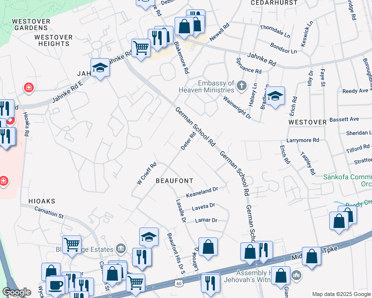 map of restaurants, bars, coffee shops, grocery stores, and more near 801 Deter Road in Richmond