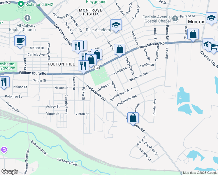 map of restaurants, bars, coffee shops, grocery stores, and more near 1803 Geffert Drive in Richmond