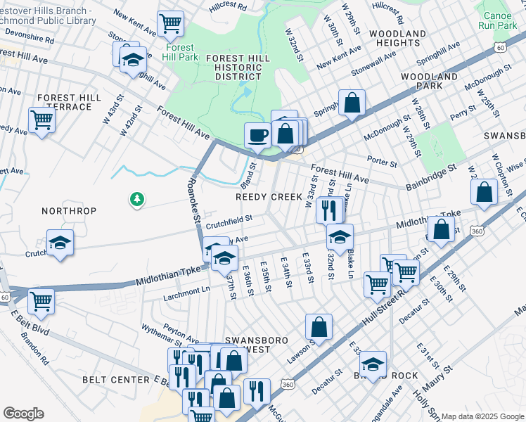 map of restaurants, bars, coffee shops, grocery stores, and more near 200 Dundee Avenue in Richmond
