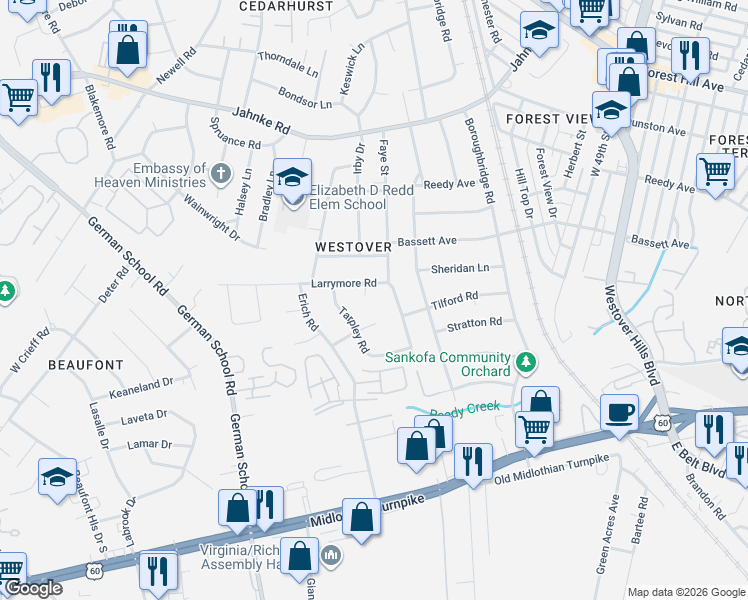 map of restaurants, bars, coffee shops, grocery stores, and more near 5401 Larrymore Road in Richmond