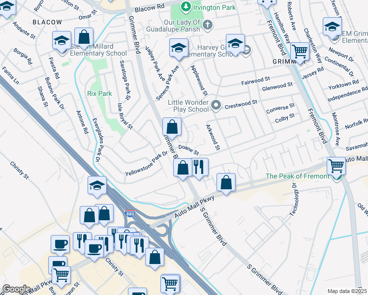 map of restaurants, bars, coffee shops, grocery stores, and more near 4688 Doane Street in Fremont