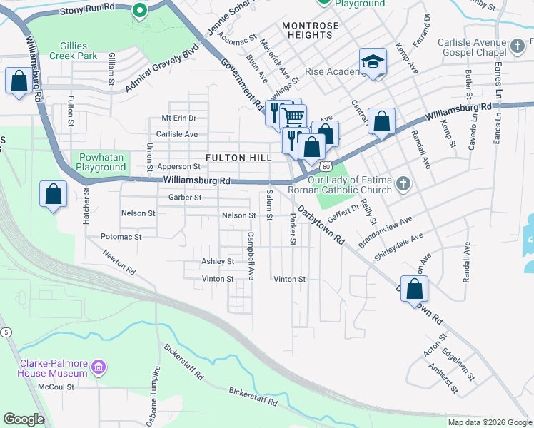 map of restaurants, bars, coffee shops, grocery stores, and more near 5109 Salem Street in Richmond