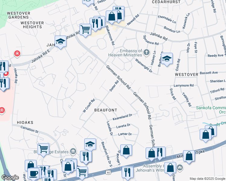 map of restaurants, bars, coffee shops, grocery stores, and more near 801 Deter Road in Richmond