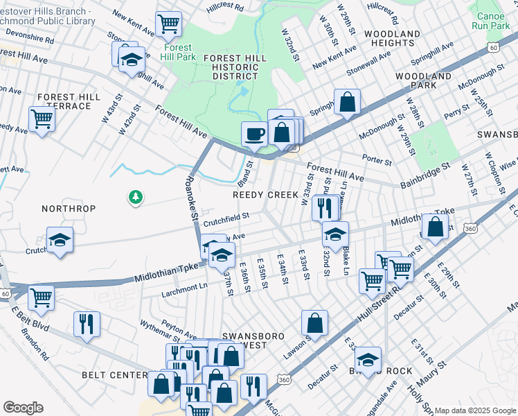 map of restaurants, bars, coffee shops, grocery stores, and more near 200 Dundee Avenue in Richmond