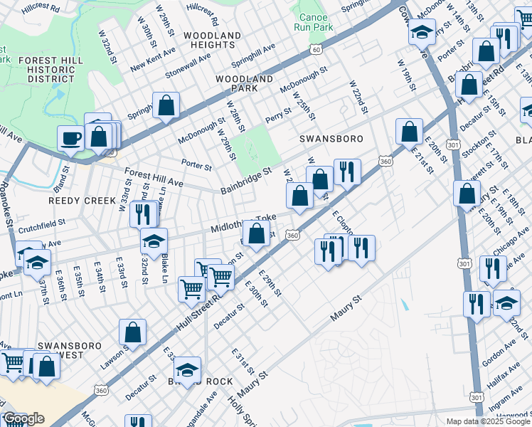 map of restaurants, bars, coffee shops, grocery stores, and more near 2807 Midlothian Turnpike in Richmond