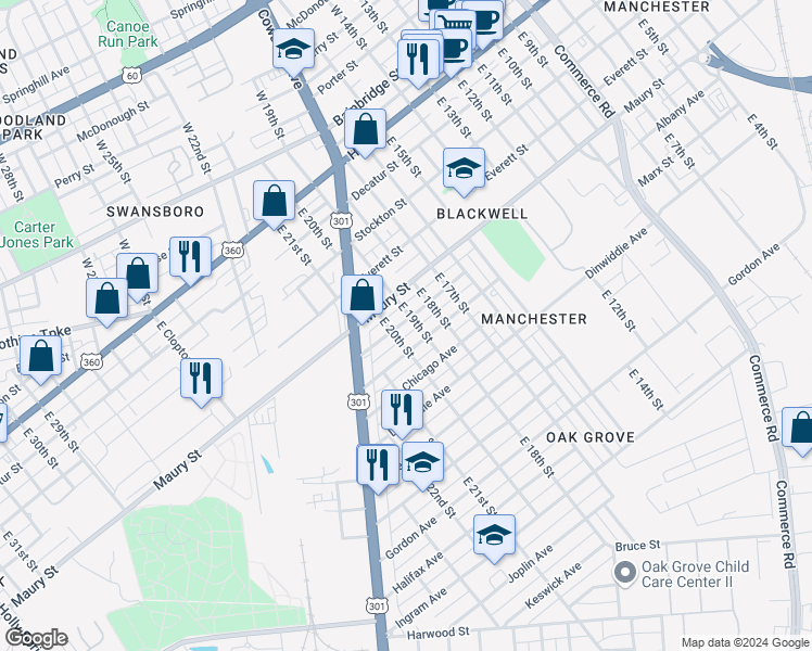 map of restaurants, bars, coffee shops, grocery stores, and more near 1906 Albany Avenue in Richmond