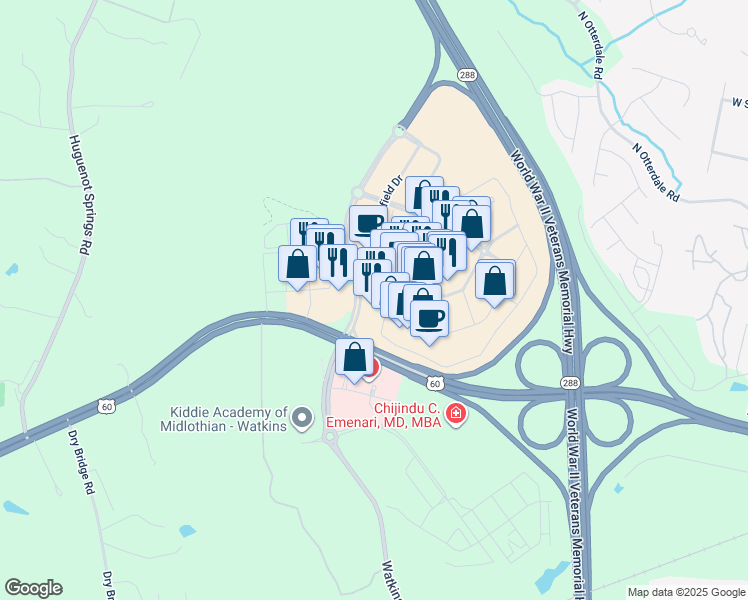 map of restaurants, bars, coffee shops, grocery stores, and more near 132 Schofield Drive in Midlothian