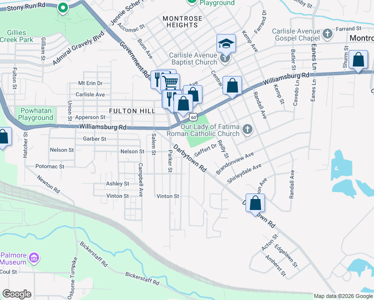 map of restaurants, bars, coffee shops, grocery stores, and more near 1328 Darbytown Road in Richmond