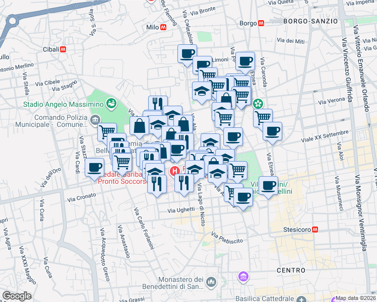 map of restaurants, bars, coffee shops, grocery stores, and more near 2-10 Via Cesare Vivante in Catania