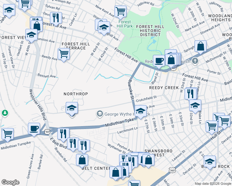 map of restaurants, bars, coffee shops, grocery stores, and more near 4022 Northrop Street in Richmond