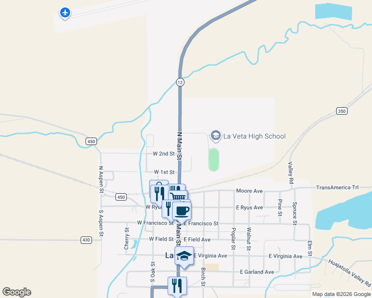 map of restaurants, bars, coffee shops, grocery stores, and more near 343 North Main Street in La Veta