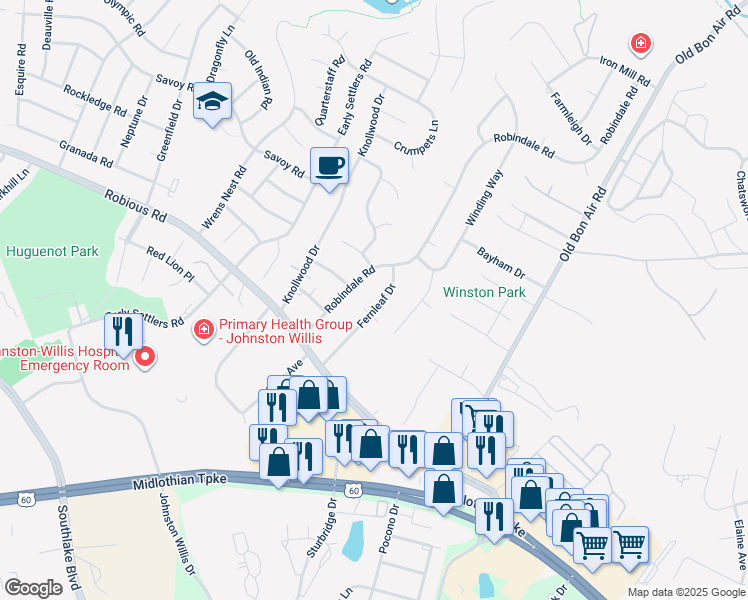 map of restaurants, bars, coffee shops, grocery stores, and more near 1408 Fernleaf Drive in Bon Air
