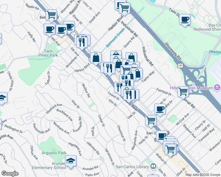 map of restaurants, bars, coffee shops, grocery stores, and more near 11 El Camino Real in San Carlos