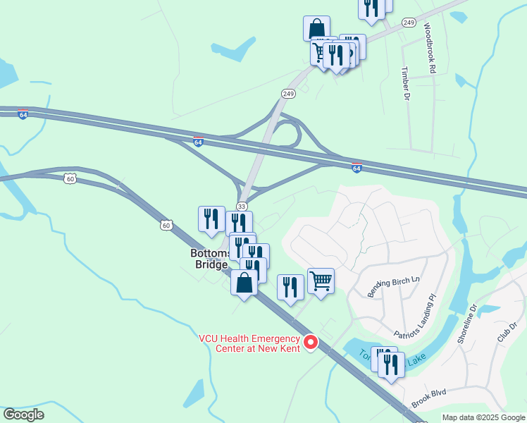 map of restaurants, bars, coffee shops, grocery stores, and more near 2398 Prince John Court in Quinton
