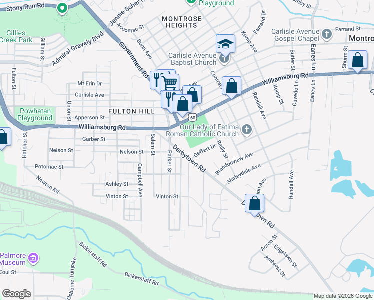 map of restaurants, bars, coffee shops, grocery stores, and more near 1328 Darbytown Road in Richmond
