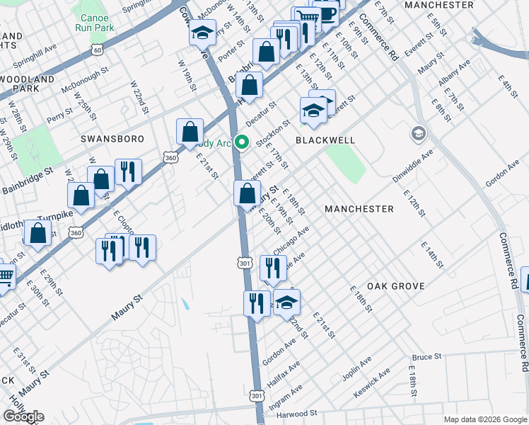 map of restaurants, bars, coffee shops, grocery stores, and more near 1908 Maury Street in Richmond