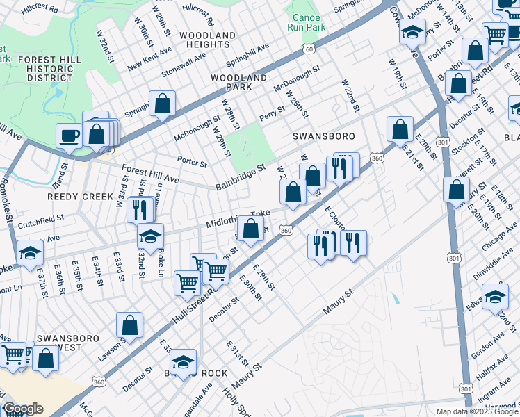 map of restaurants, bars, coffee shops, grocery stores, and more near 2807 Midlothian Turnpike in Richmond