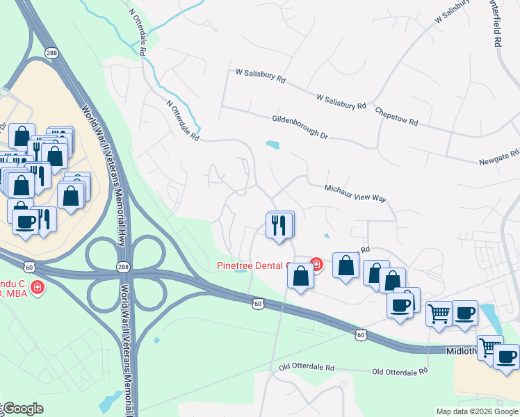 map of restaurants, bars, coffee shops, grocery stores, and more near 251 Wylderose Drive in Midlothian
