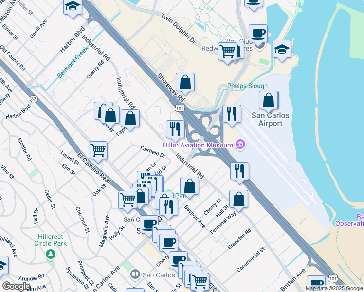 map of restaurants, bars, coffee shops, grocery stores, and more near 405 Industrial Road in San Carlos