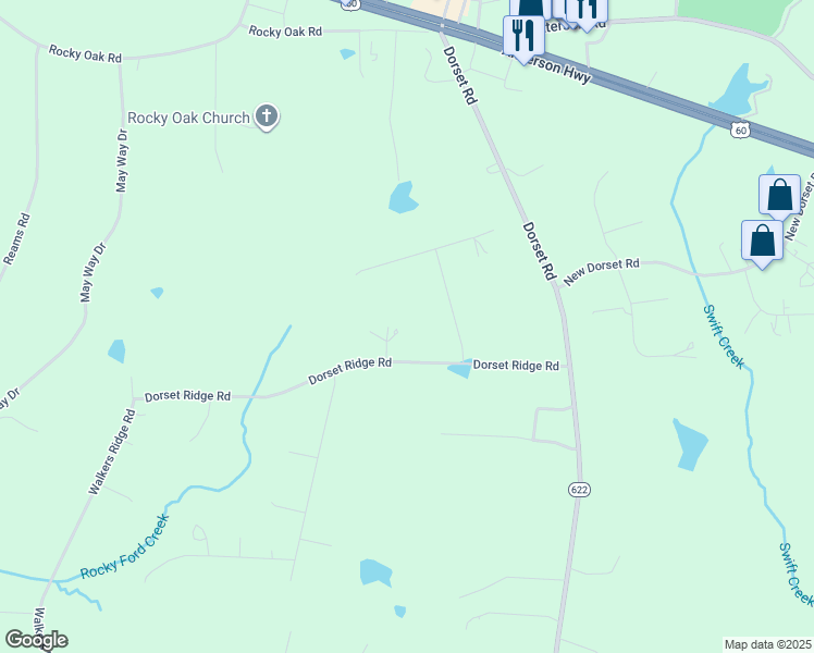 map of restaurants, bars, coffee shops, grocery stores, and more near 1808 Dorset Ridge Mews in Powhatan
