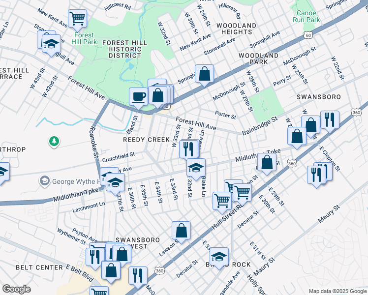map of restaurants, bars, coffee shops, grocery stores, and more near 110 West 32nd Street in Richmond