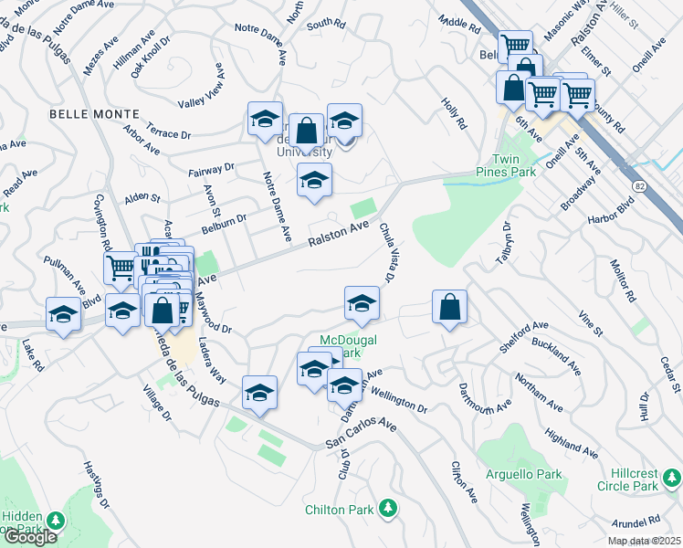 map of restaurants, bars, coffee shops, grocery stores, and more near 1543 Escondido Way in Belmont