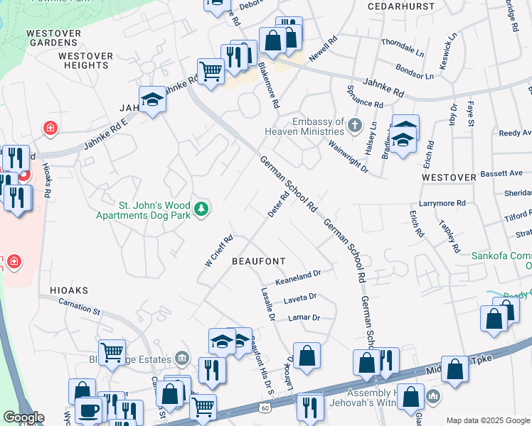 map of restaurants, bars, coffee shops, grocery stores, and more near 701 Goodwood Road in Richmond