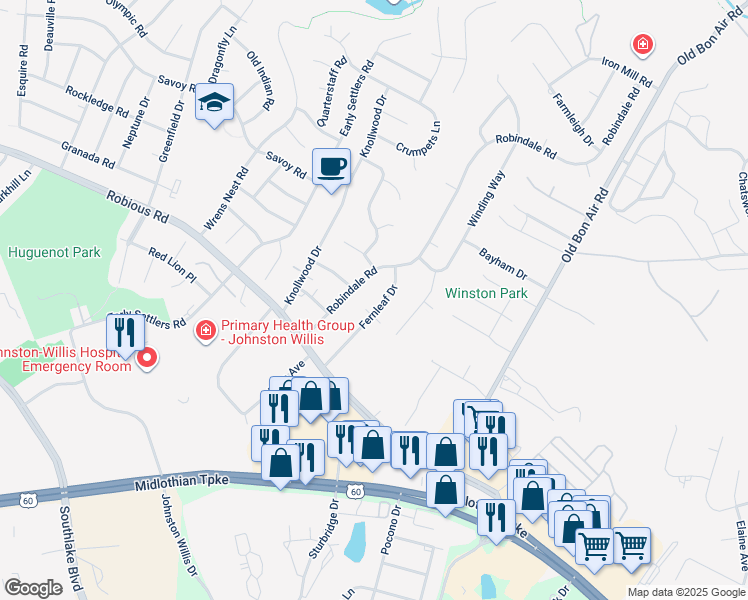 map of restaurants, bars, coffee shops, grocery stores, and more near 1408 Fernleaf Drive in Bon Air