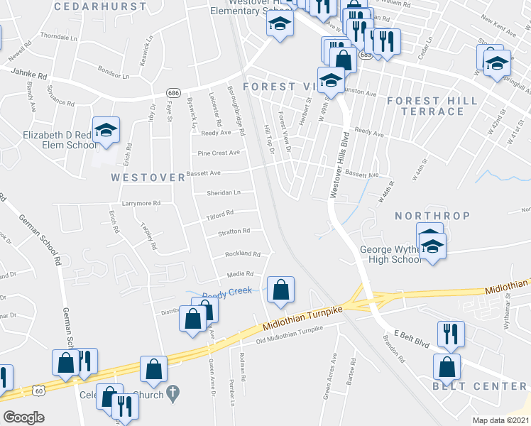 map of restaurants, bars, coffee shops, grocery stores, and more near 519 Boroughbridge Road in Richmond