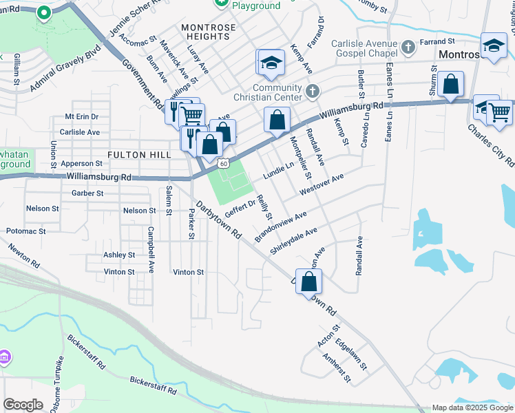 map of restaurants, bars, coffee shops, grocery stores, and more near 1807 Geffert Drive in Richmond