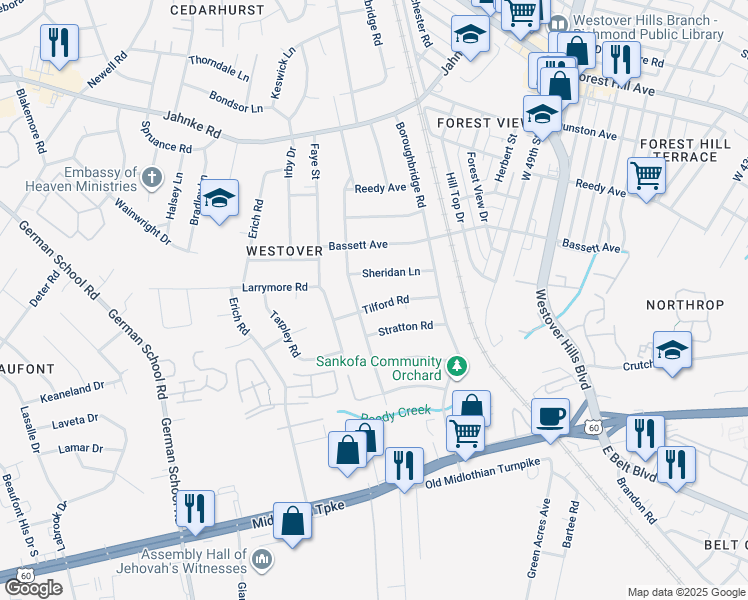 map of restaurants, bars, coffee shops, grocery stores, and more near 5260 Tilford Road in Richmond