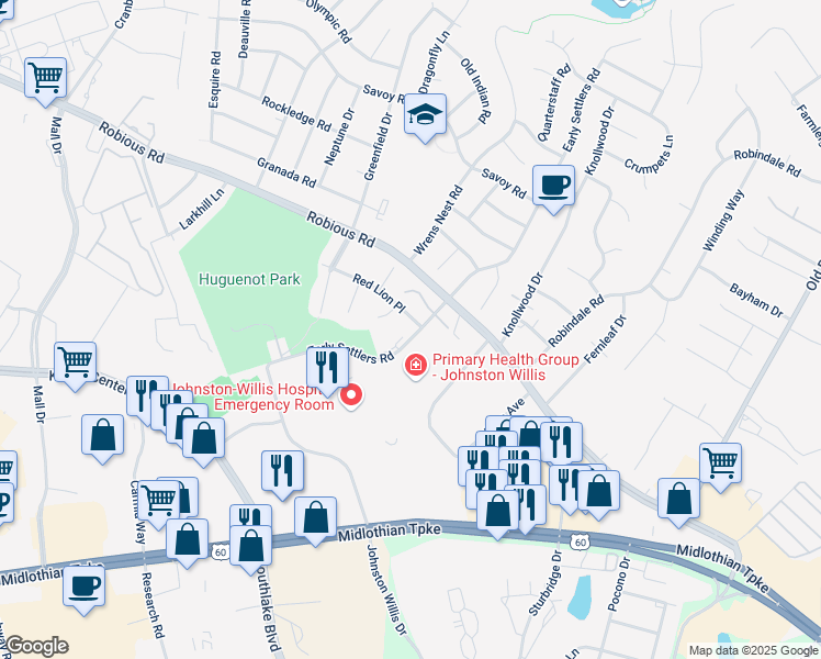 map of restaurants, bars, coffee shops, grocery stores, and more near 10606 Red Lion Place in Richmond