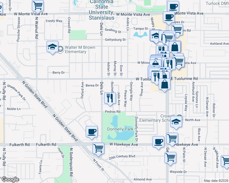 map of restaurants, bars, coffee shops, grocery stores, and more near 2281 Rochelle Avenue in Turlock