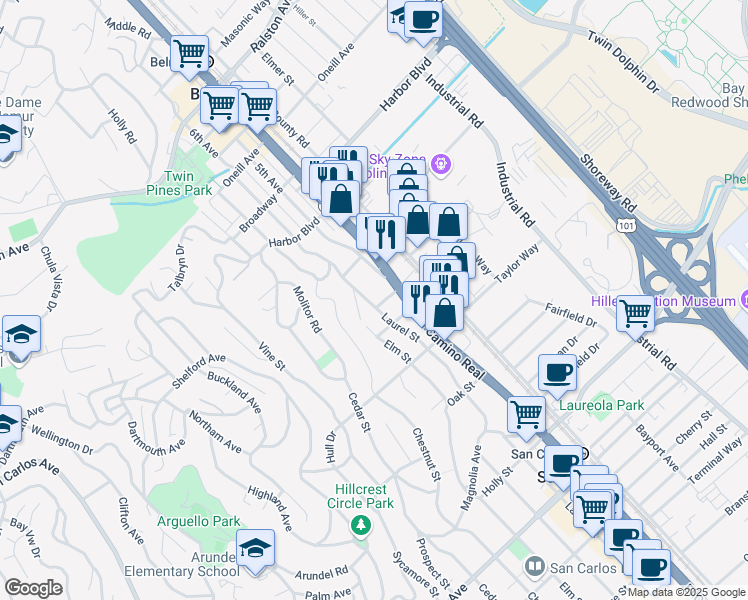 map of restaurants, bars, coffee shops, grocery stores, and more near 1633 6th Avenue in Belmont