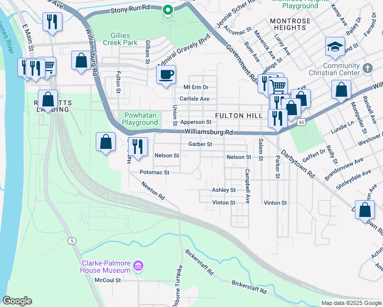 map of restaurants, bars, coffee shops, grocery stores, and more near 1201 Garber Street in Richmond