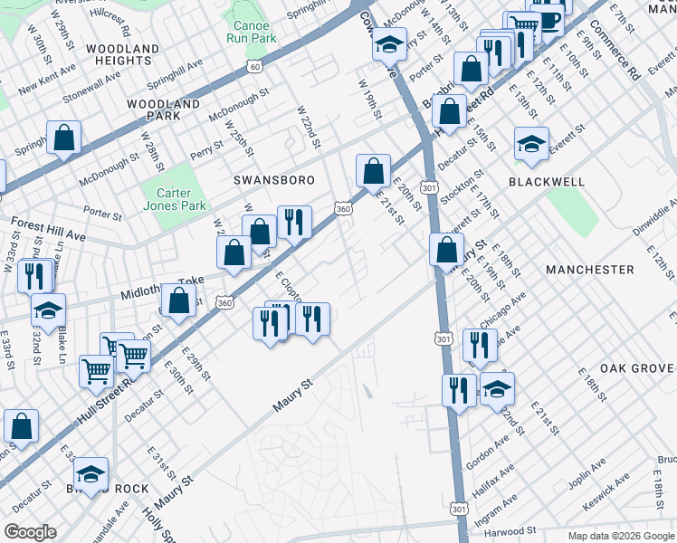 map of restaurants, bars, coffee shops, grocery stores, and more near in Richmond