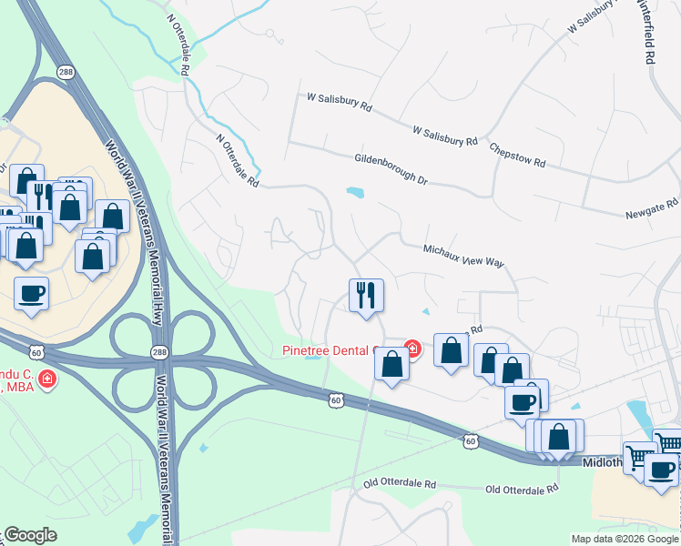 map of restaurants, bars, coffee shops, grocery stores, and more near 251 Wylderose Drive in Midlothian