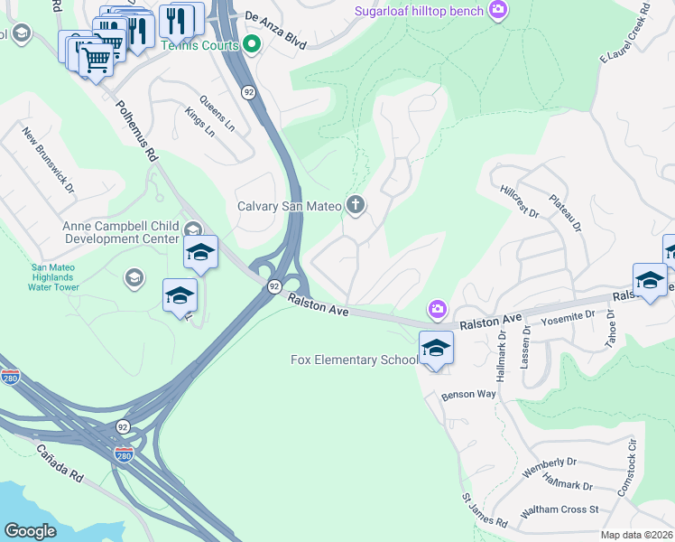 map of restaurants, bars, coffee shops, grocery stores, and more near 5 Christian Court in Belmont