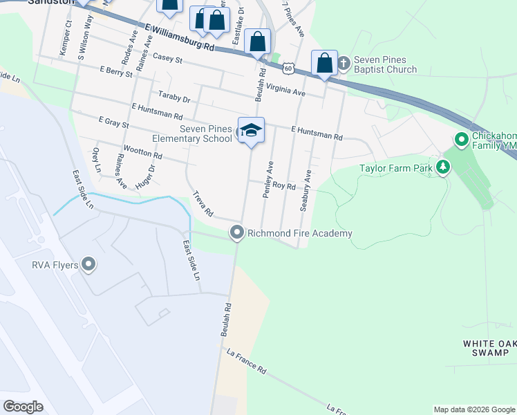 map of restaurants, bars, coffee shops, grocery stores, and more near 406 Penley Avenue in Sandston
