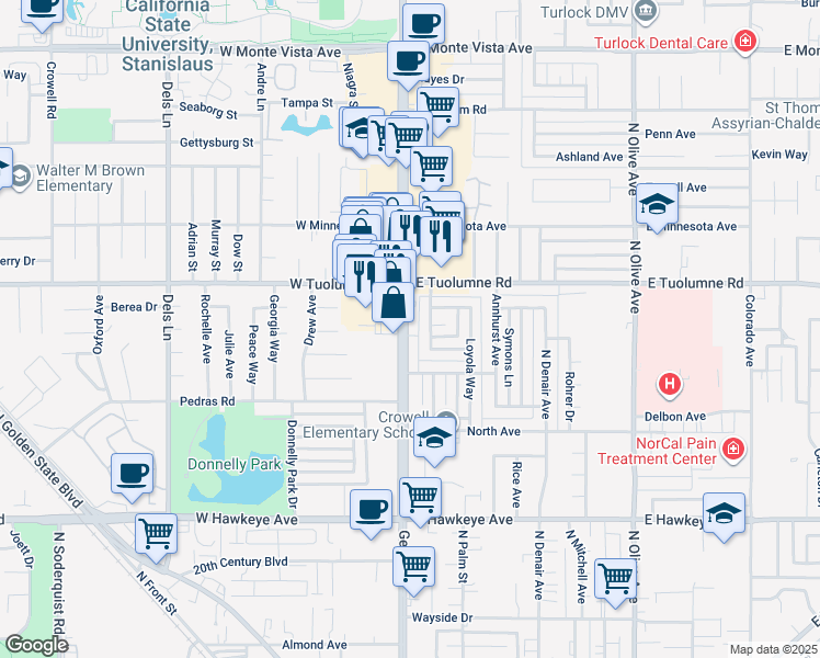 map of restaurants, bars, coffee shops, grocery stores, and more near 2225 Geer Road in Turlock