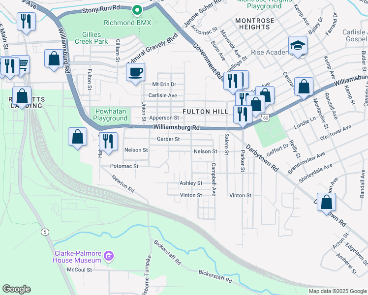 map of restaurants, bars, coffee shops, grocery stores, and more near 1312 Nelson Street in Richmond