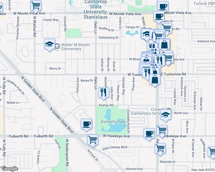 map of restaurants, bars, coffee shops, grocery stores, and more near 2281 Rochelle Avenue in Turlock