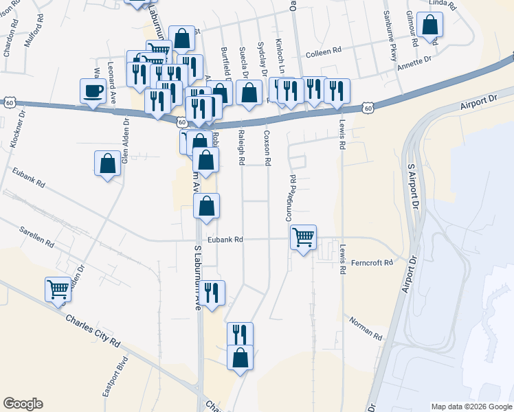 map of restaurants, bars, coffee shops, grocery stores, and more near 5300 Coxson Road in Richmond