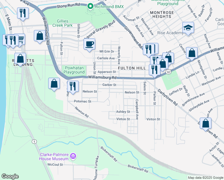 map of restaurants, bars, coffee shops, grocery stores, and more near 1302 Nelson Street in Richmond